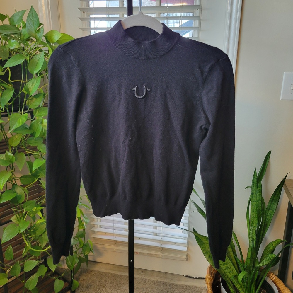 True Religion Womens Black Mock Neck Horseshoe Logo Knit Sweater Large